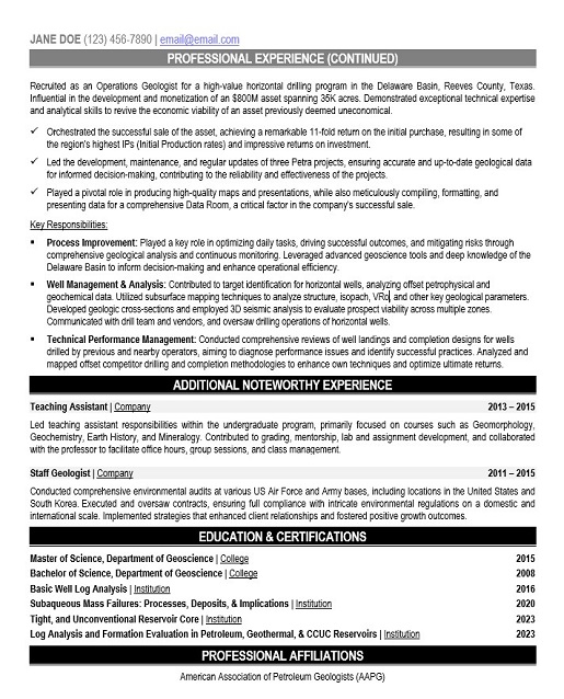 Vp of Geology Resume Sample & Template Page 2