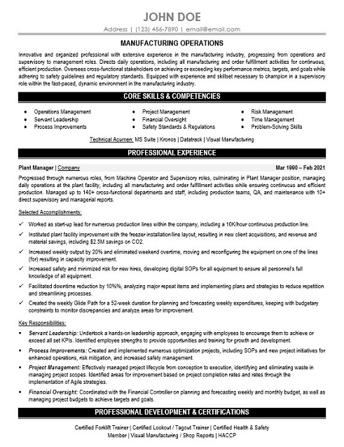 Plant Manager Resume Sample & Template