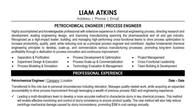 Petrochemical Engineer Resume Sample
