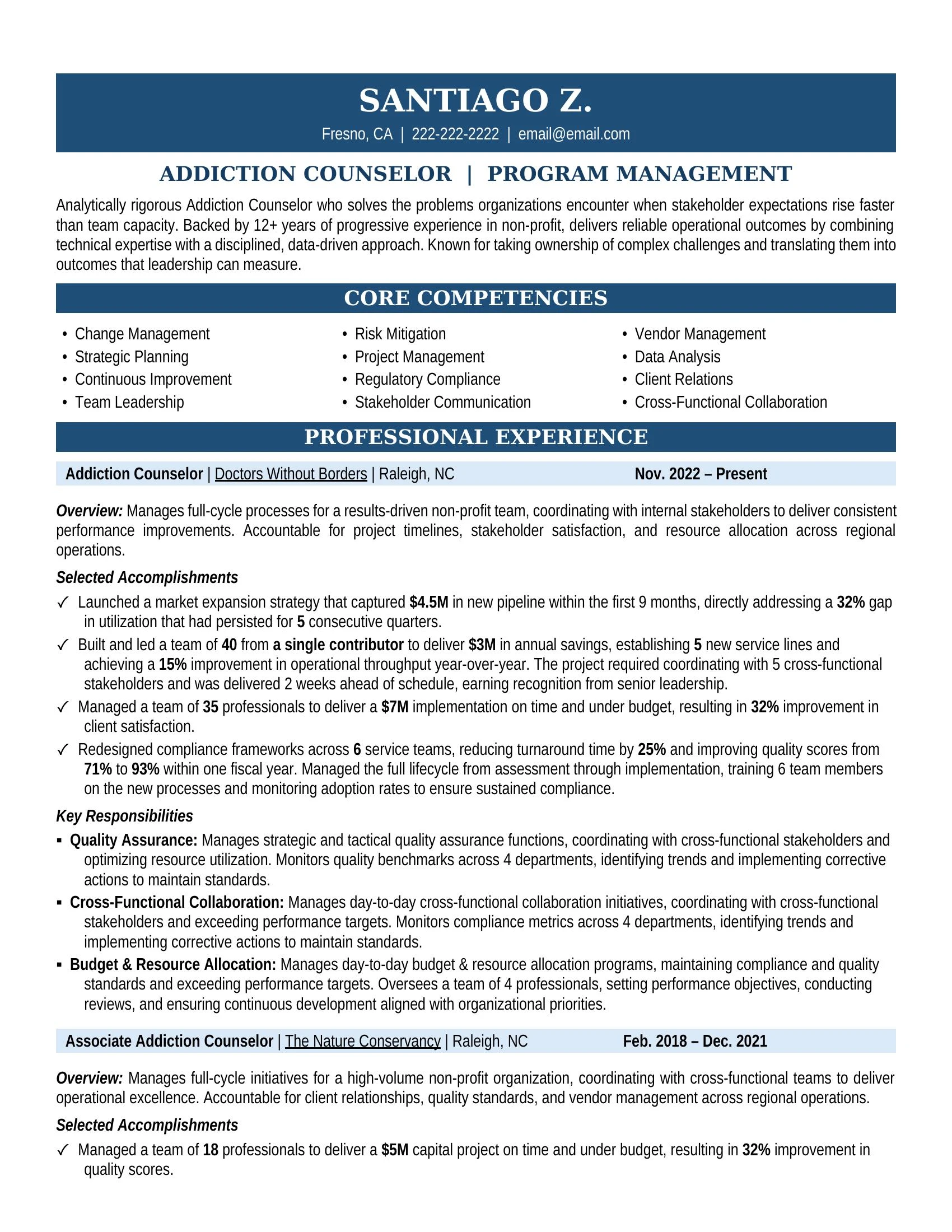 Addiction Counselor Resume Sample - Non Profit Resume Example