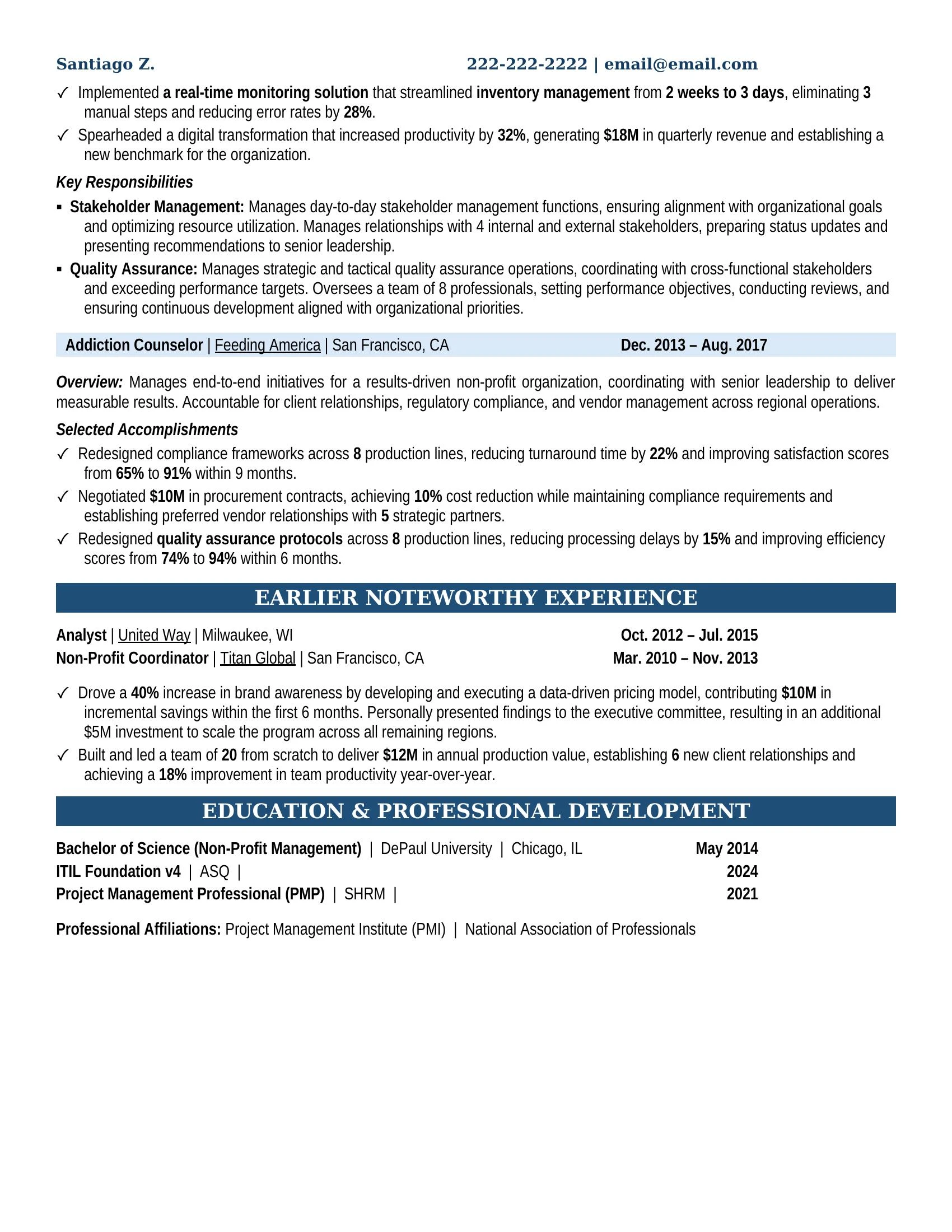 Addiction Counselor Resume Example - Work Experience & Education