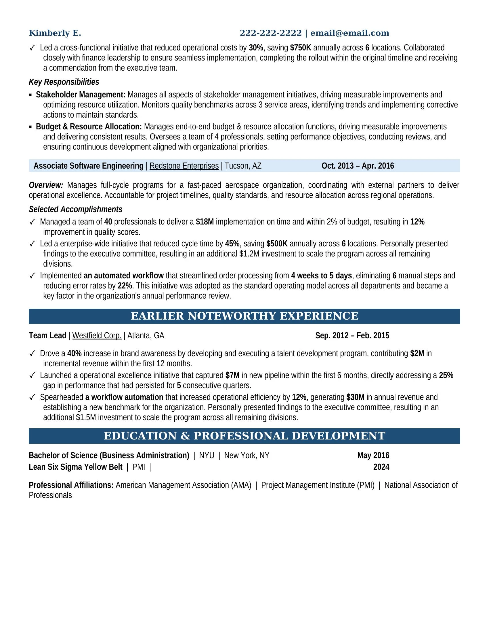Software Engineering Resume Example - Work Experience & Education