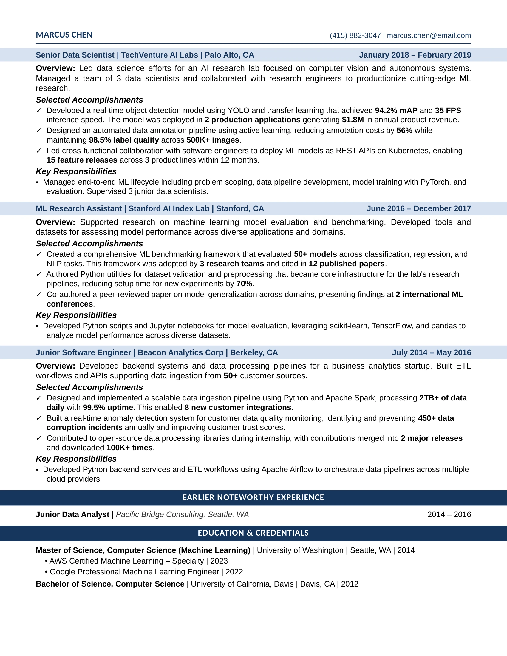 AI Engineer Resume Example - Work Experience & Education