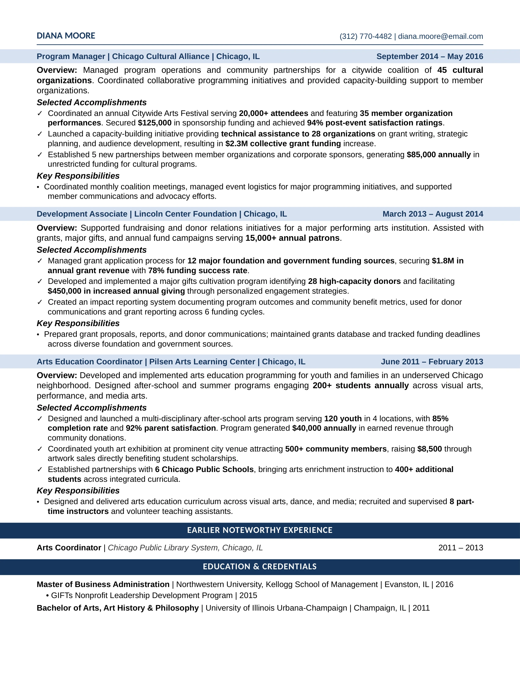 Arts Administrator Resume Example - Work Experience & Education