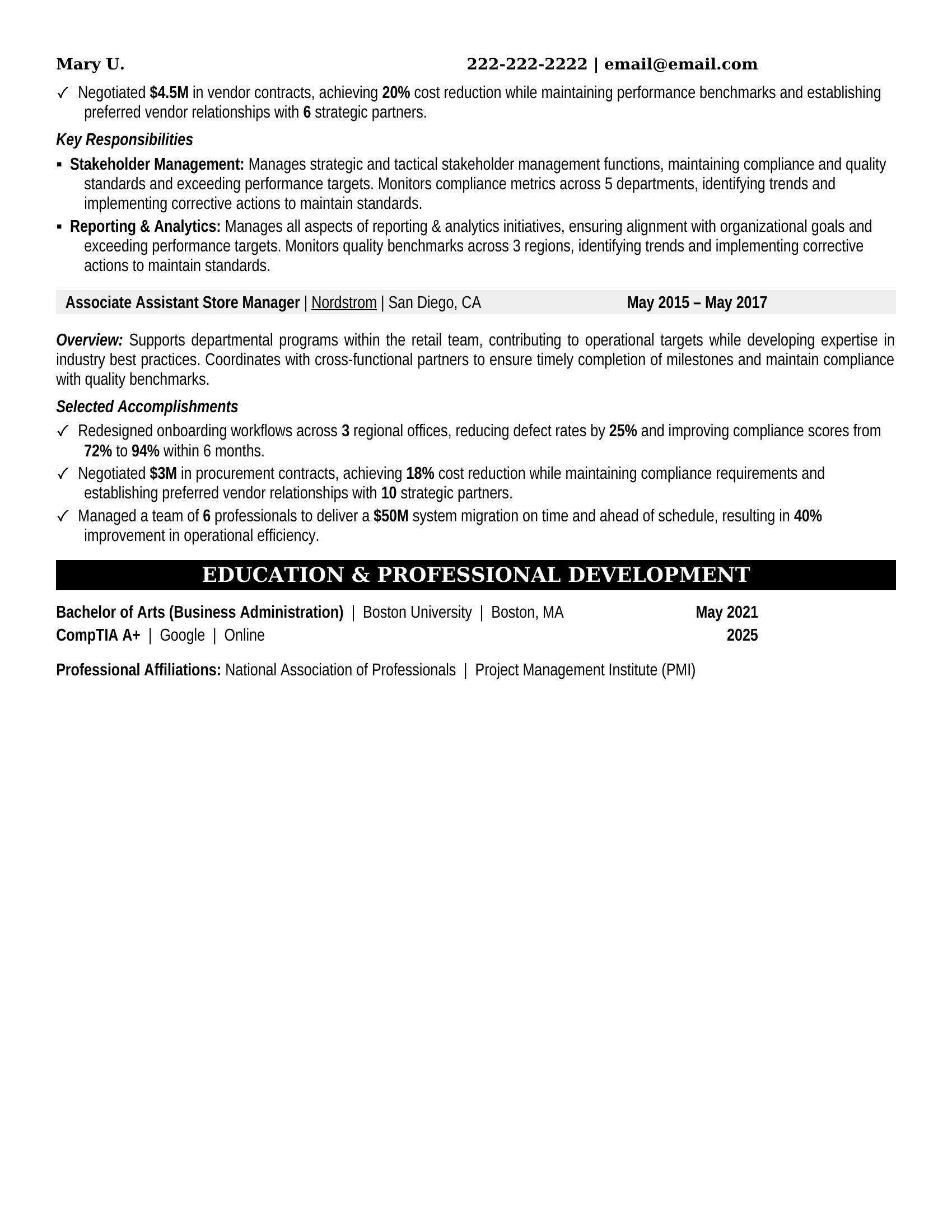 Assistant Store Manager Resume Sample (2026)