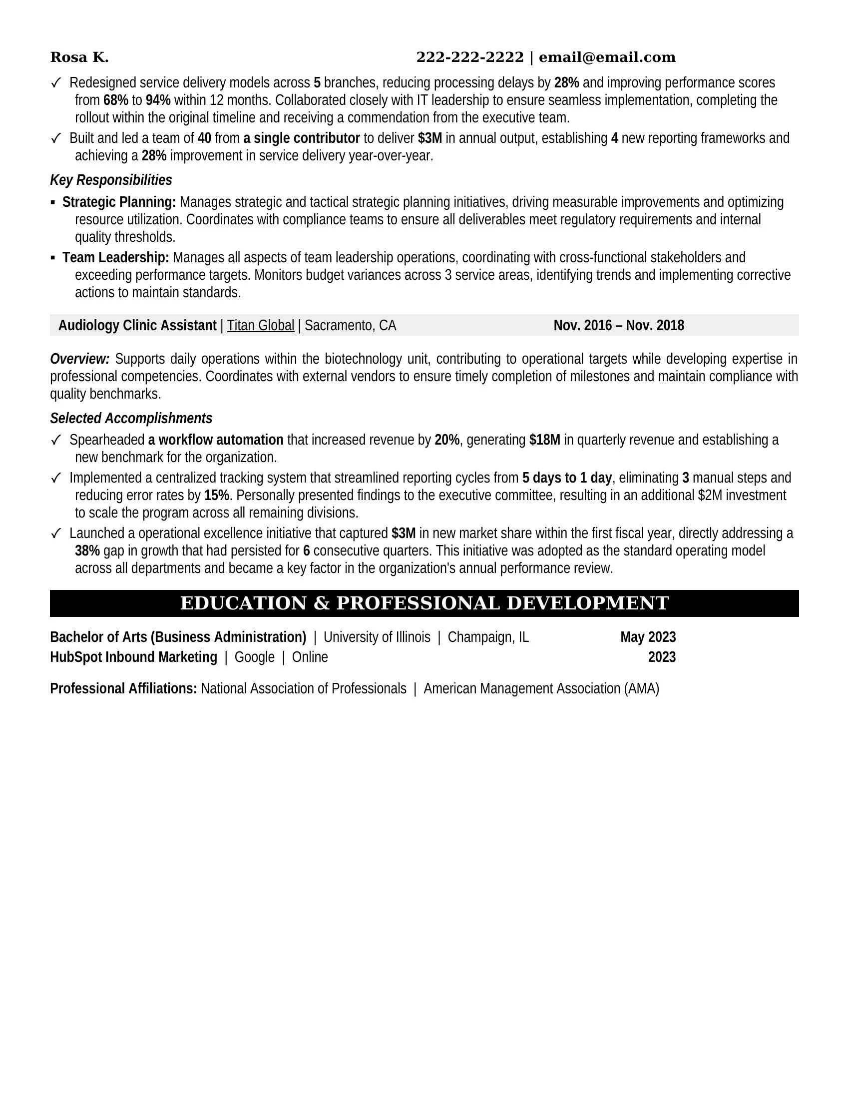 Audiology Clinic Assistant Resume Example - Work Experience & Education