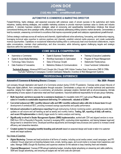 Automotive Marketing Director Resume Sample & Template