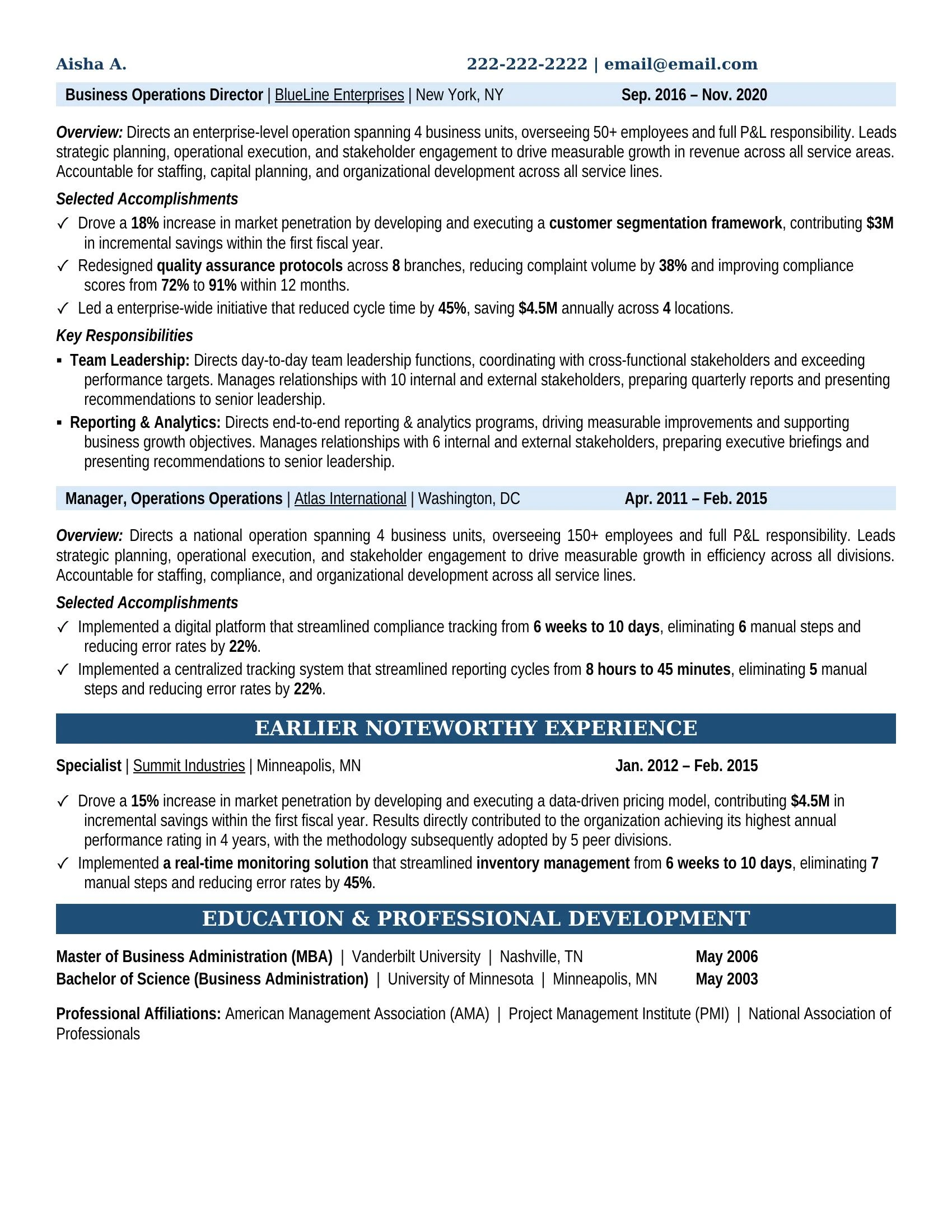 Business Operations Director Resume Example - Work Experience & Education
