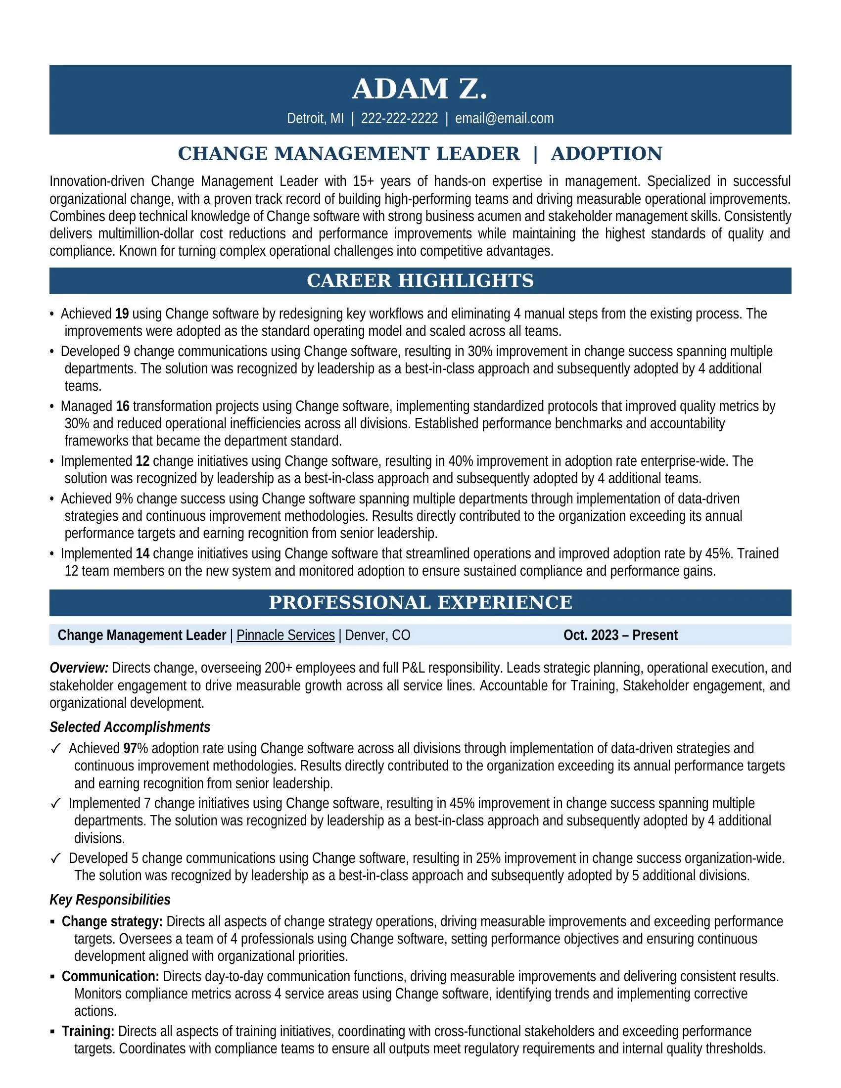 Change Management Leader Resume Sample - Management Resume Example
