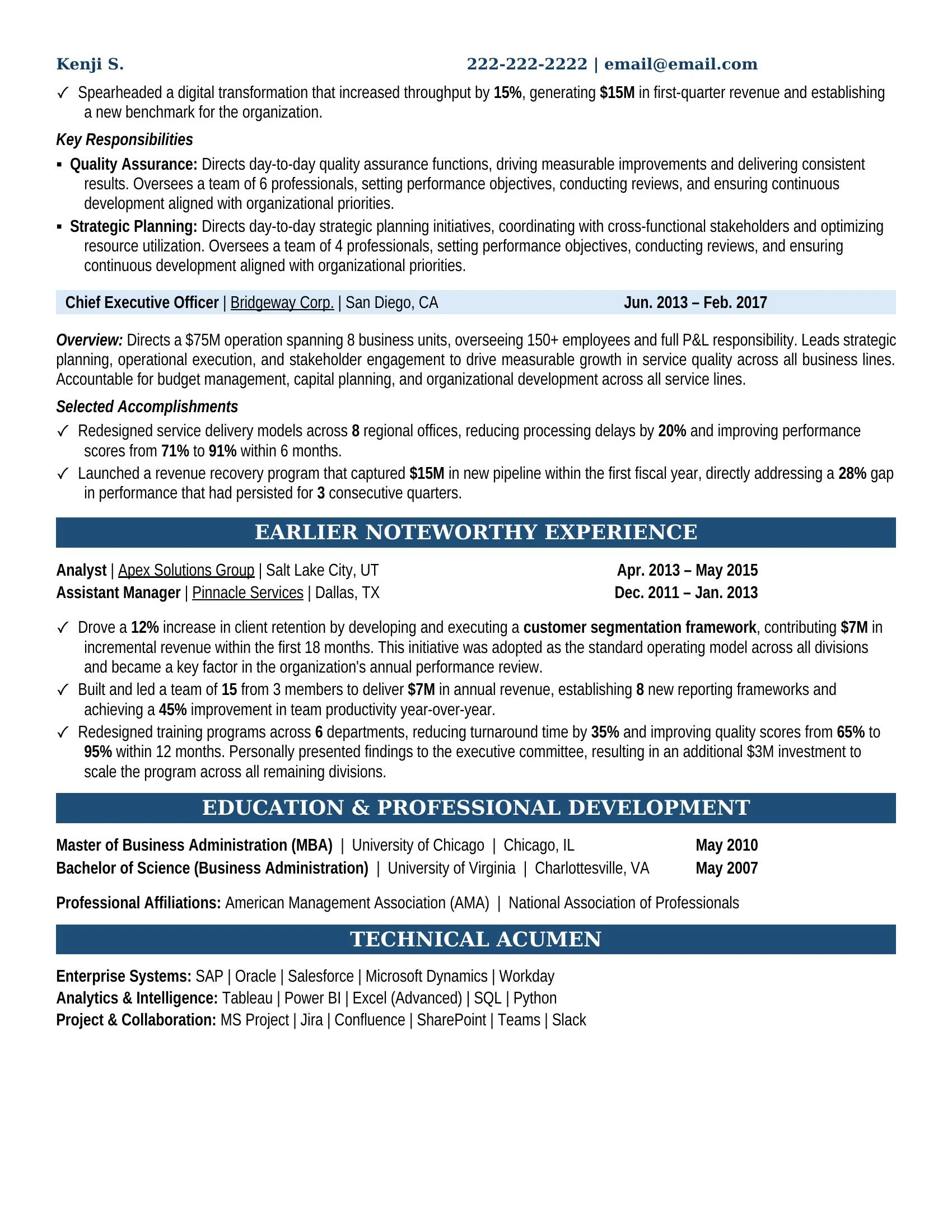 Chief Executive Officer Resume Example - Work Experience & Education