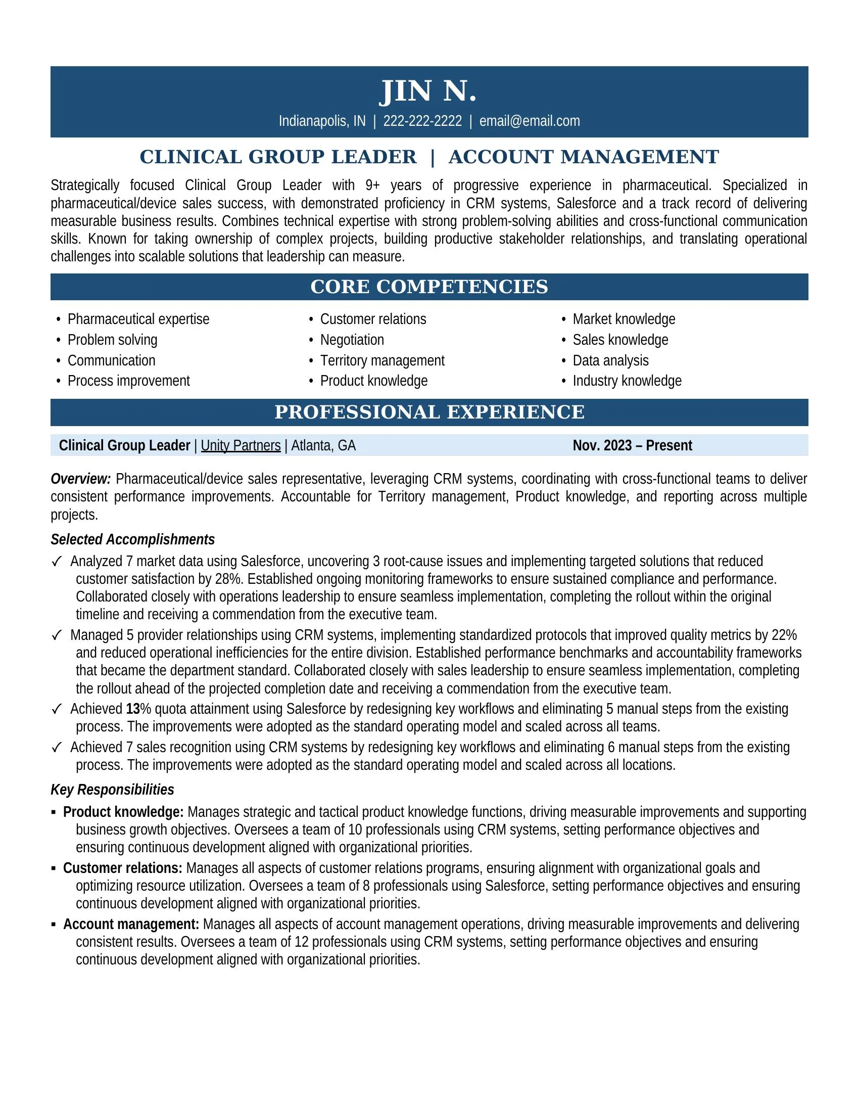 Clinical Group Leader Resume Sample - Pharmaceutical Resume Example