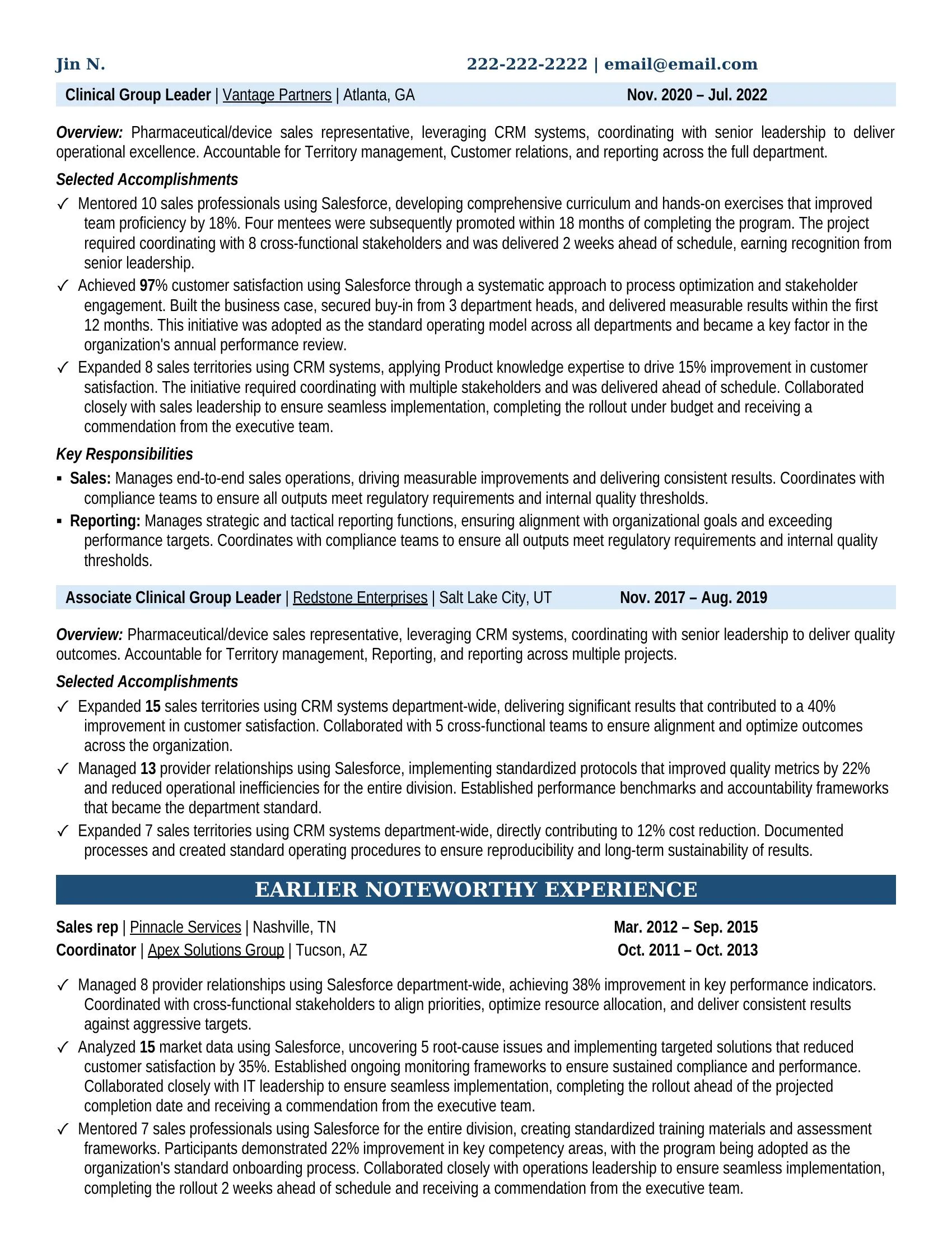 Clinical Group Leader Resume Example - Work Experience & Education
