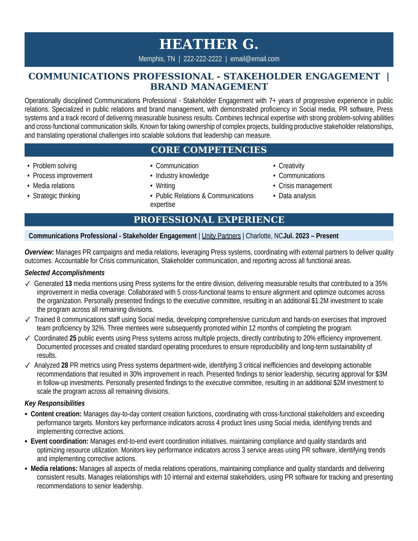Communications Professional - Stakeholder Engagement Resume Sample - Professional Summary, Skills & Career Highlights