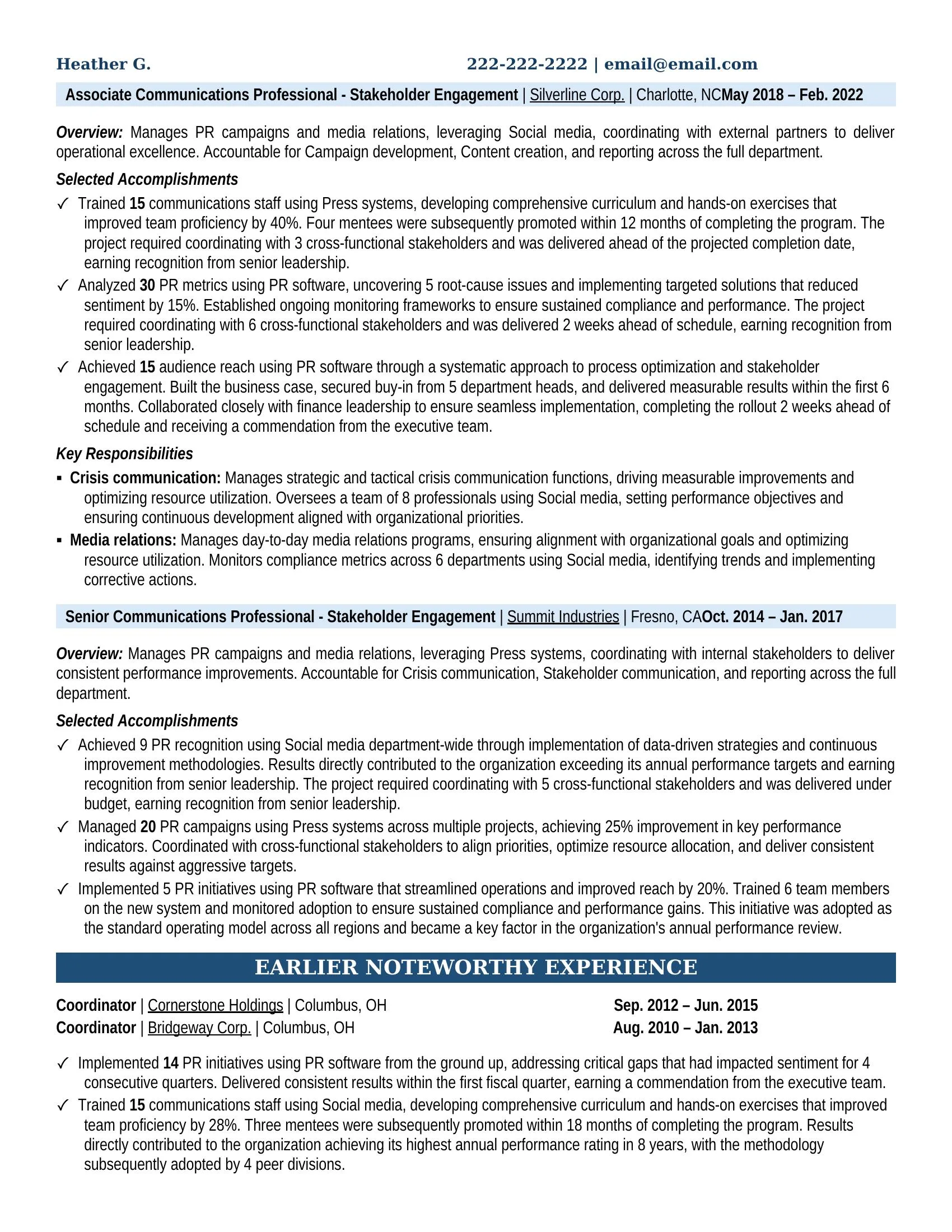Communications Professional - Stakeholder Engagement Resume Example - Work Experience & Education