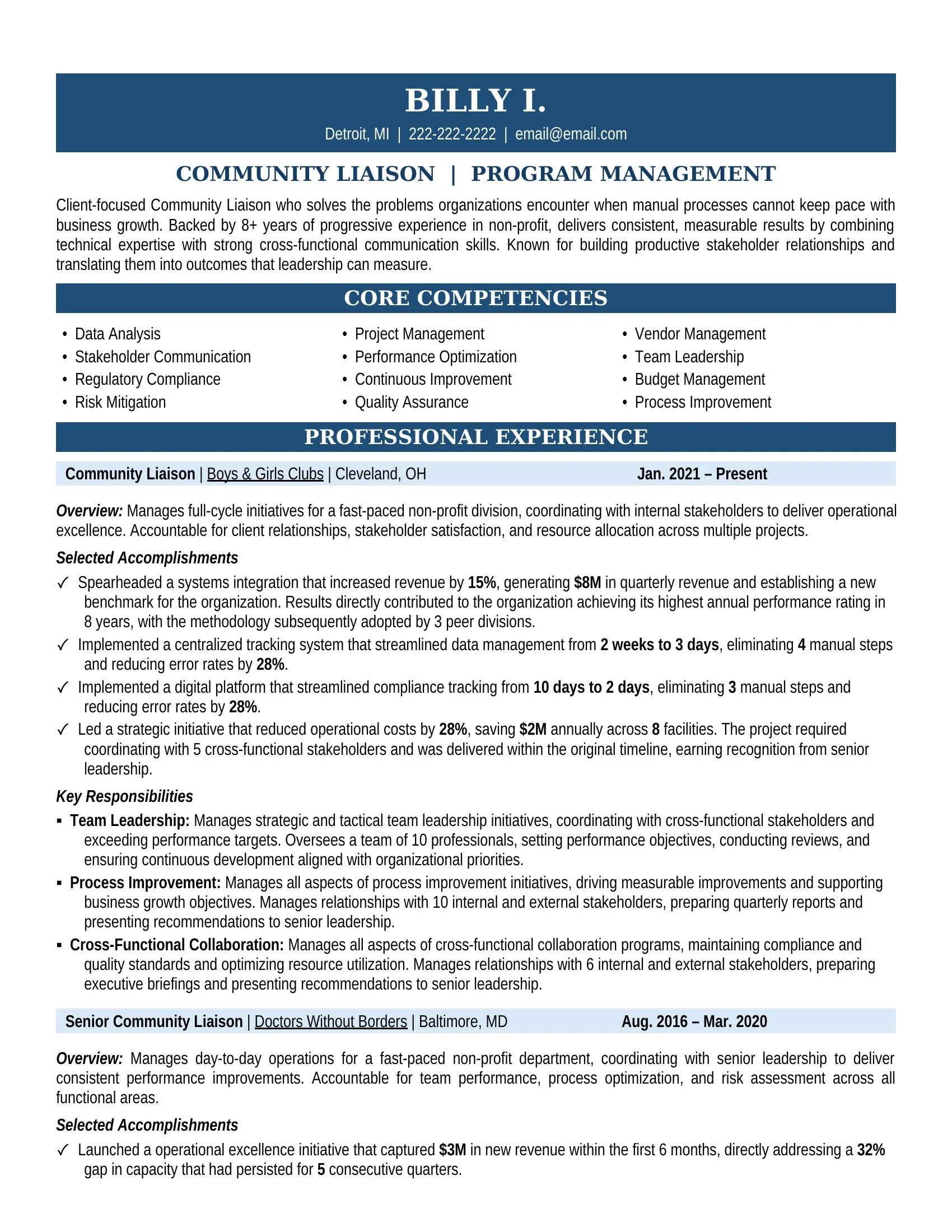 Community Liaison Resume Sample - Non Profit Resume Example
