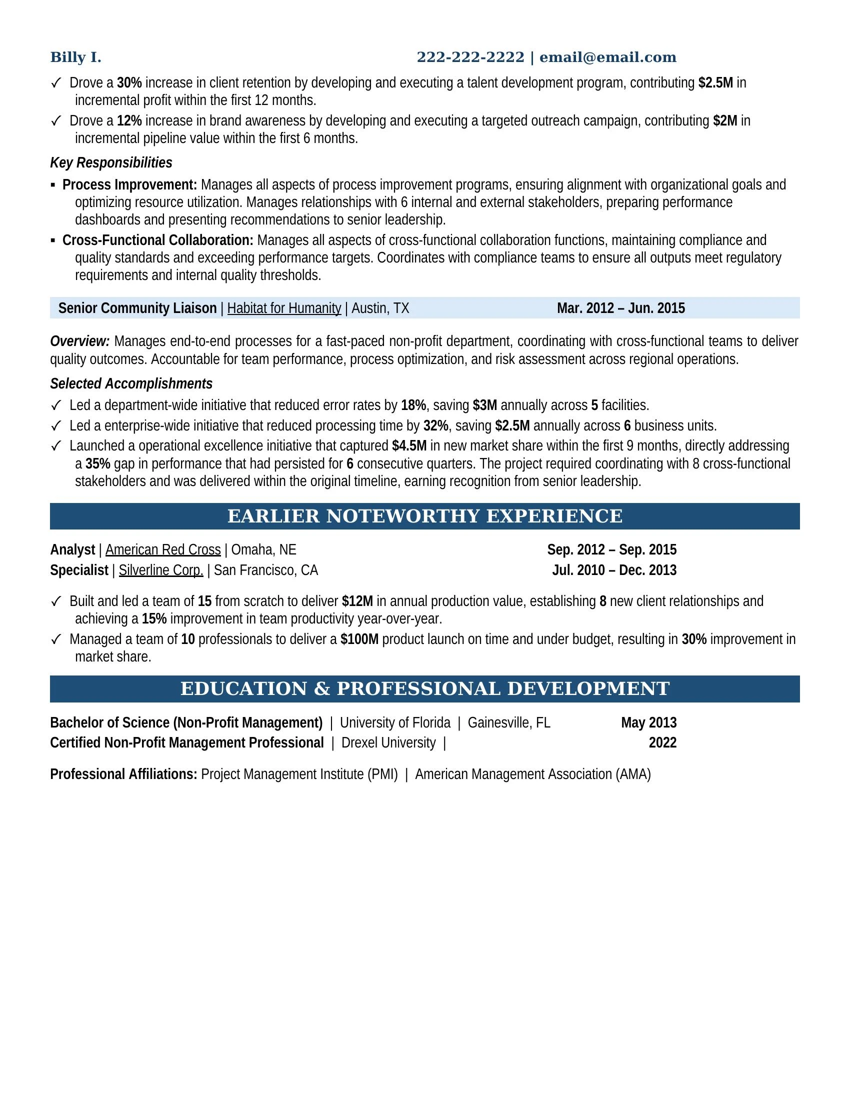 Community Liaison Resume Example - Work Experience & Education