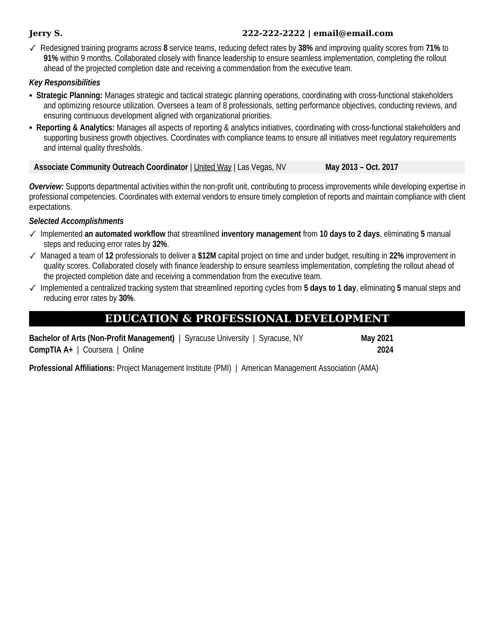 Community Outreach Coordinator Resume Example - Work Experience & Education