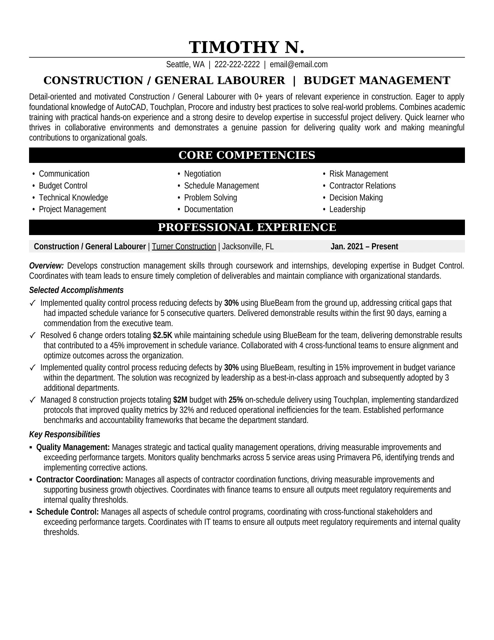 Construction / General Labourer Resume Sample - Construction Resume Example 2026