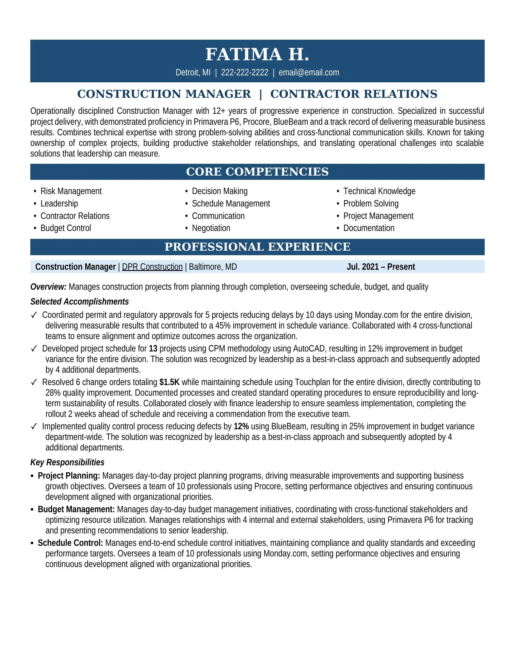 Construction Manager Resume Sample - Construction Resume Example 2026