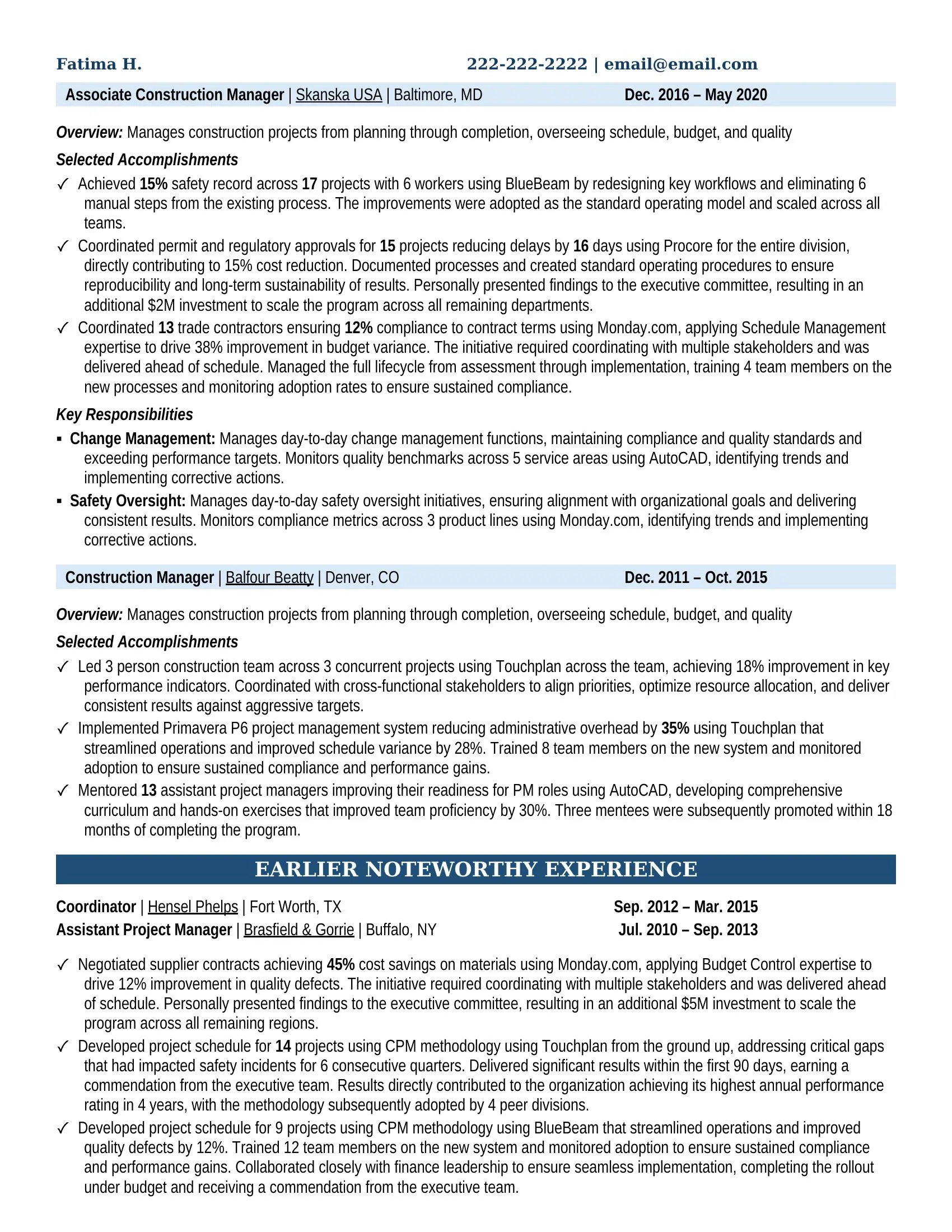 Construction Manager Resume Example - Work Experience & Education