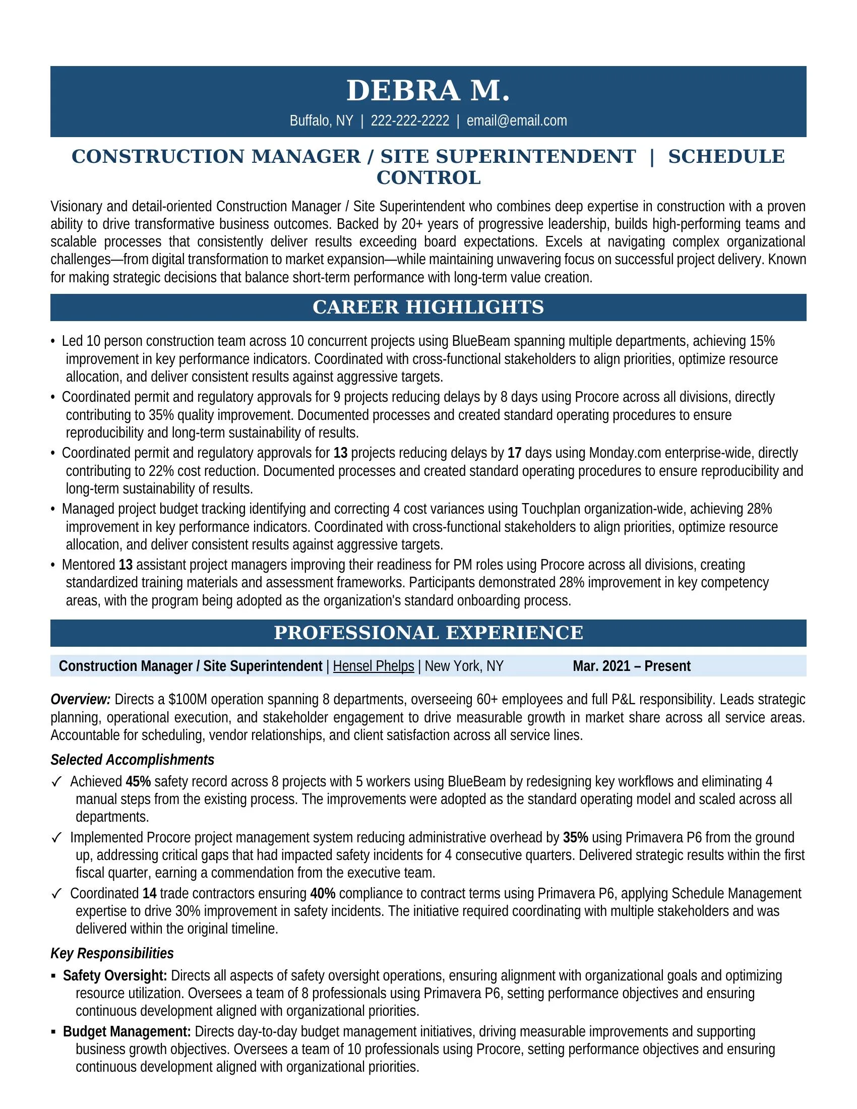 Construction Manager / Site Superintendant Resume Sample - Construction Resume Example 2026