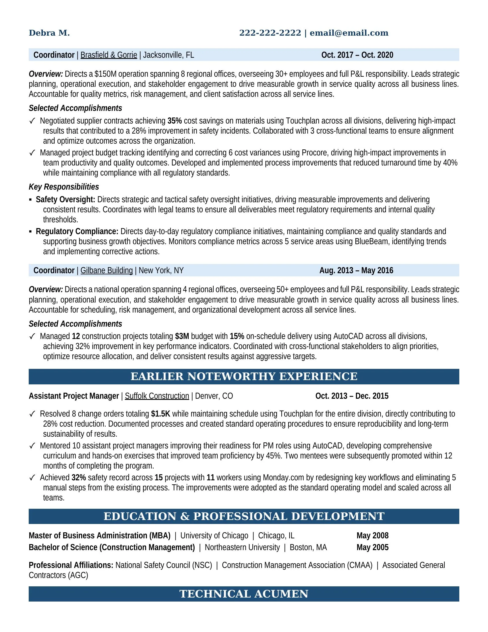 Construction Manager / Site Superintendent Resume Example - Work Experience & Education