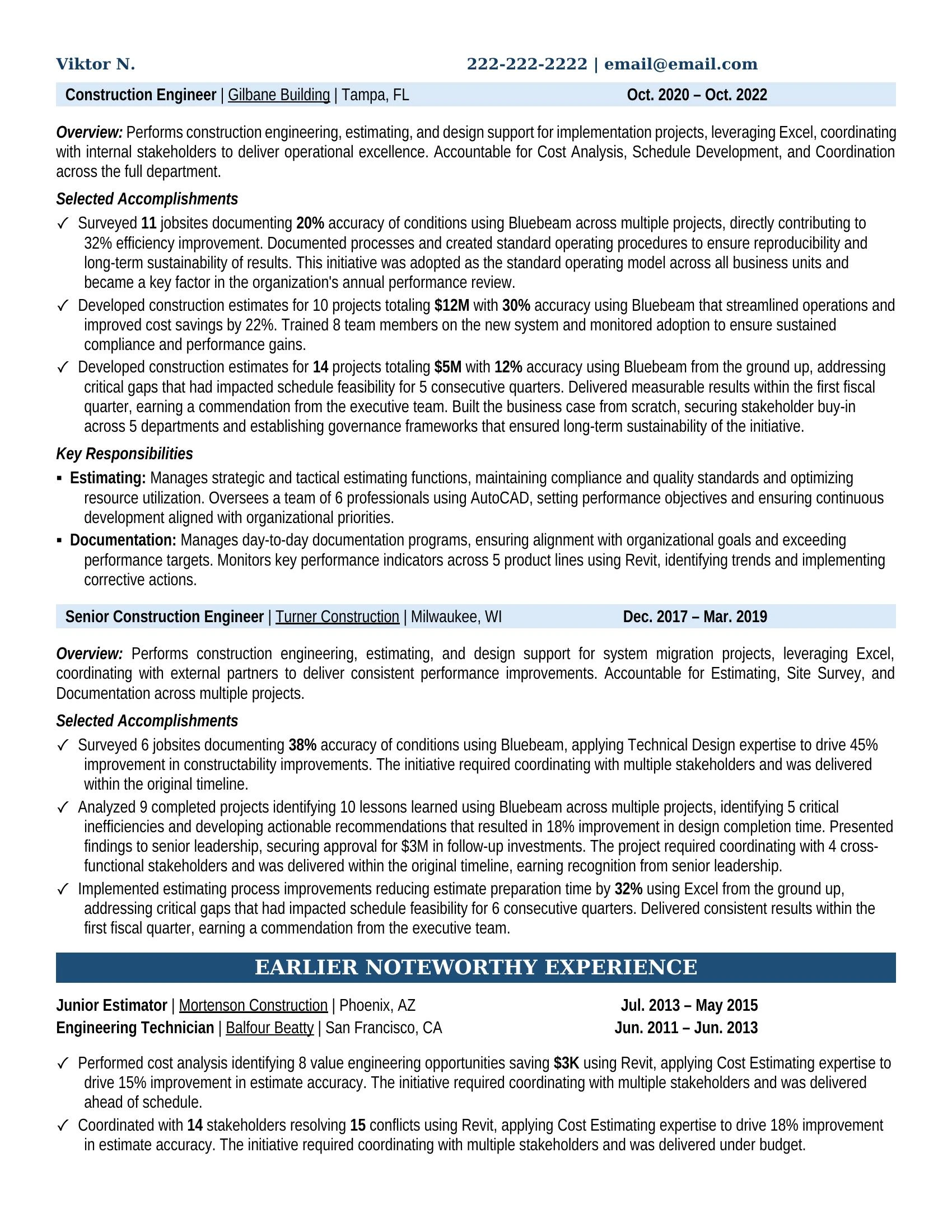 Construction Engineer Resume Example - Work Experience & Education