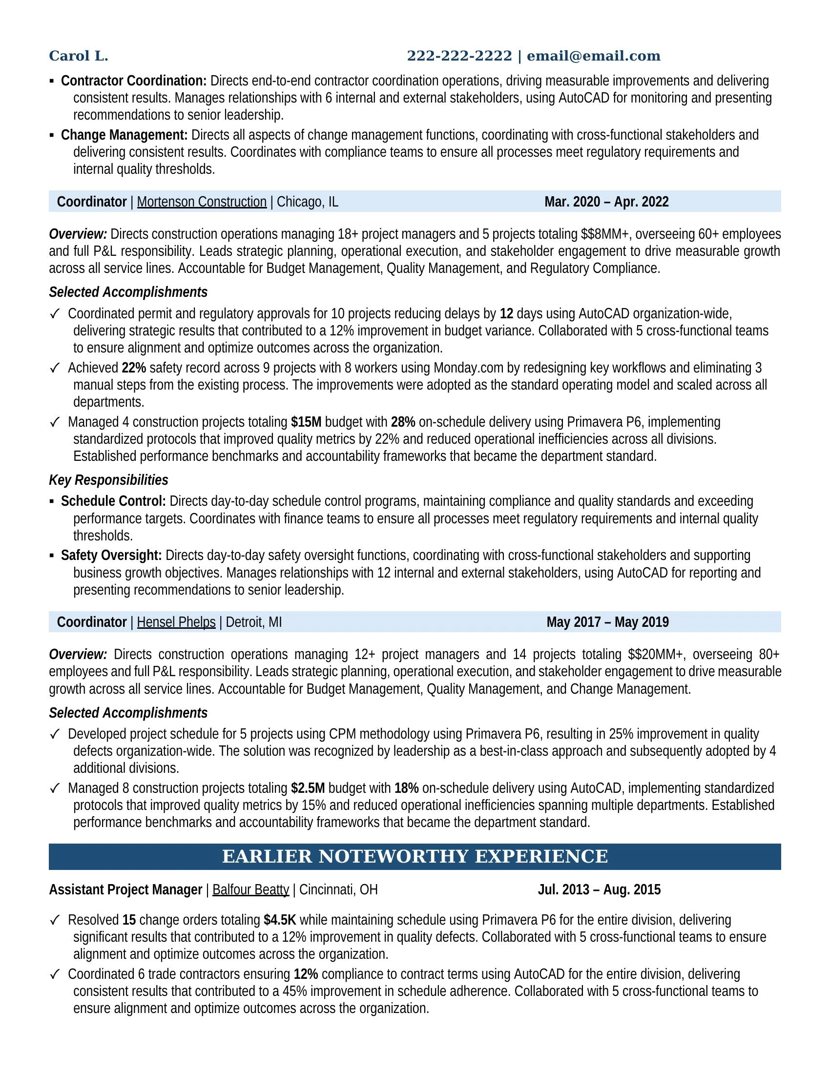 Construction Manager / Project Manager / Technologist Resume Example - Work Experience & Education