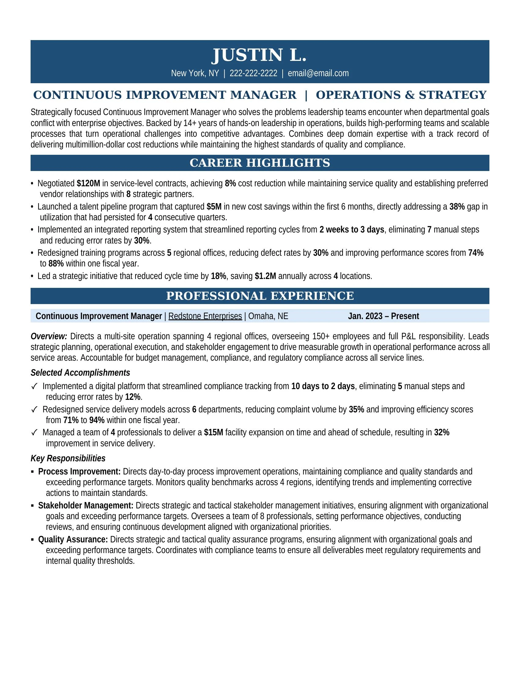 Continuous Improvement Plant Manager Resume Sample - Manufacturing Resume Example 2026