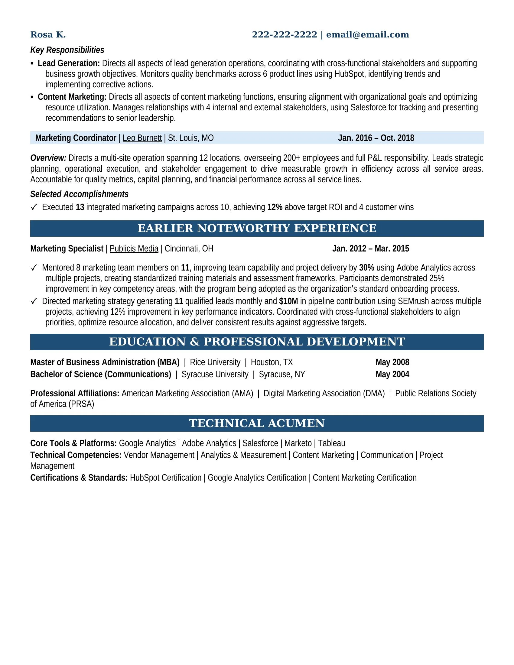 Corporate Marketing Manager Resume Example - Work Experience & Education
