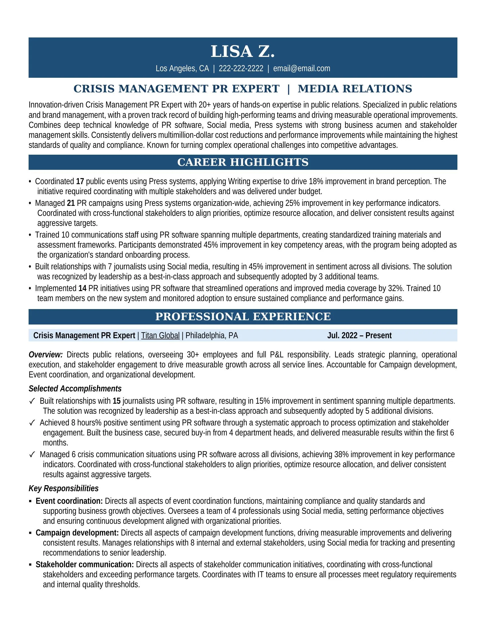 Crisis Management PR Expert Resume Sample - Professional Summary, Skills & Career Highlights