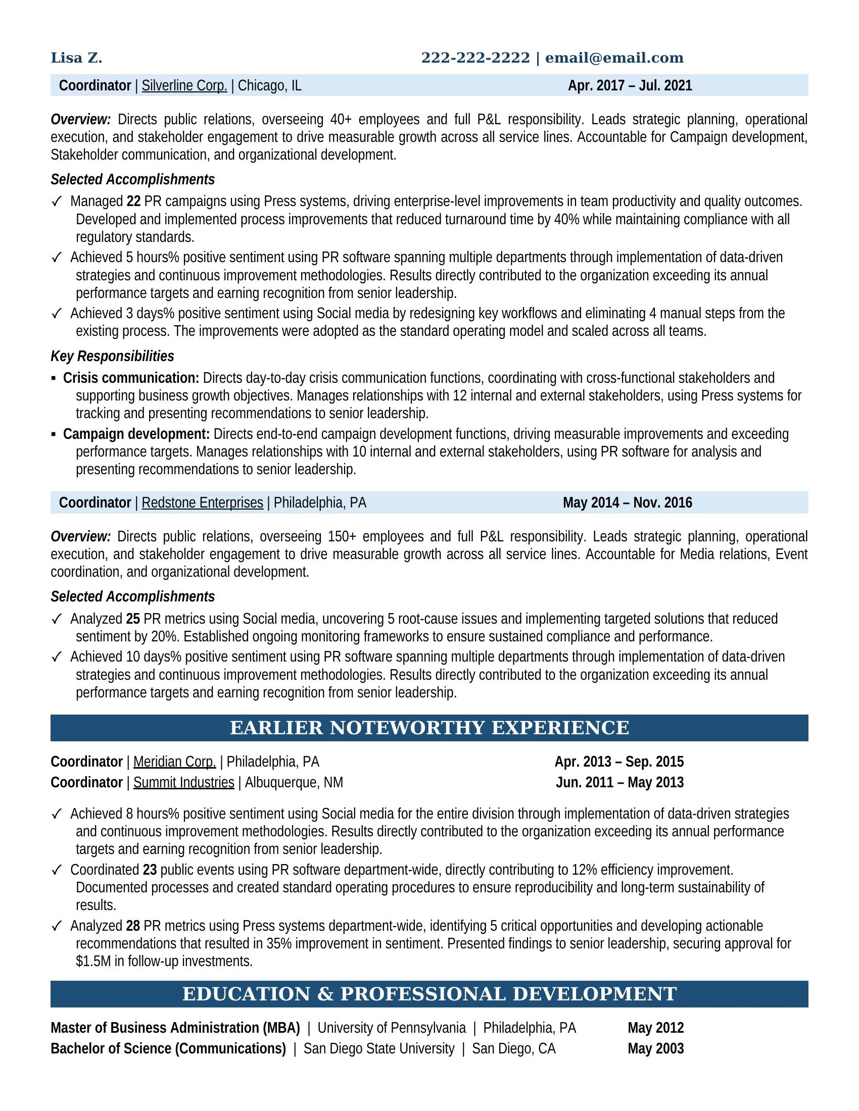 Crisis Management PR Expert Resume Example - Work Experience & Education