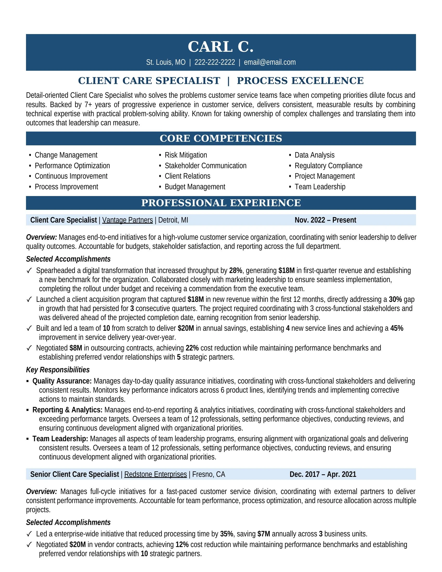 Customer Service Client Care Specialist Resume Sample
