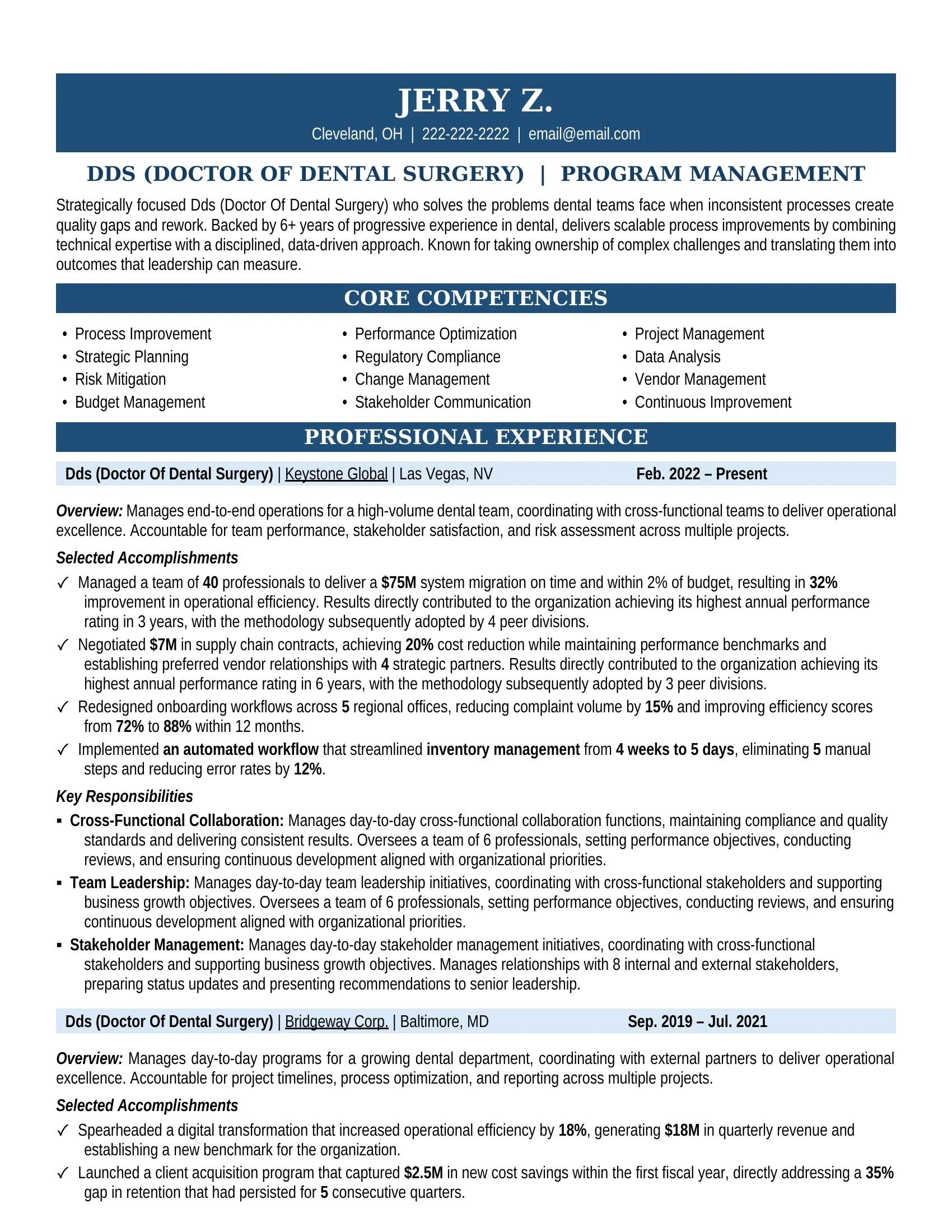 Dds (Doctor Of Dental Surgery) Resume Sample - Professional Summary, Skills & Career Highlights