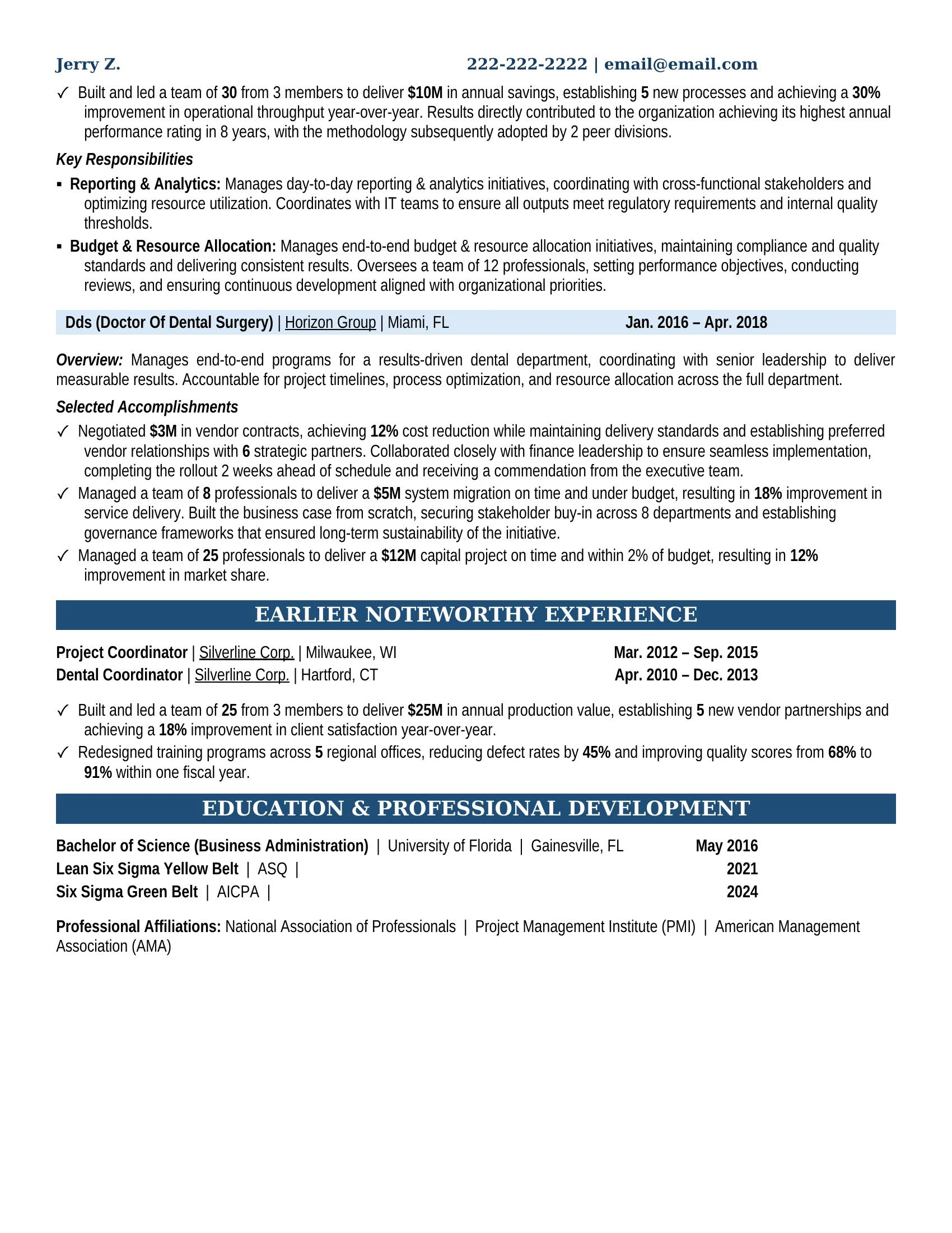 Dds (Doctor Of Dental Surgery) Resume Example - Work Experience & Education