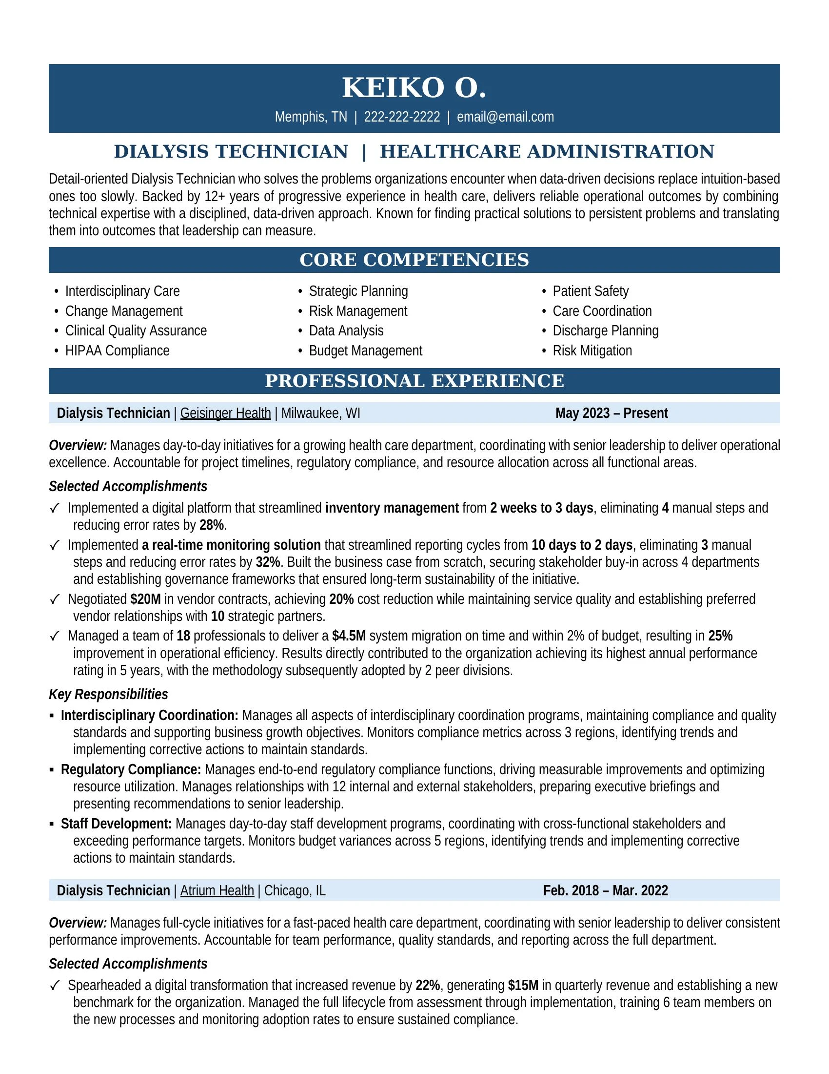 Dialysis Technician Resume Sample