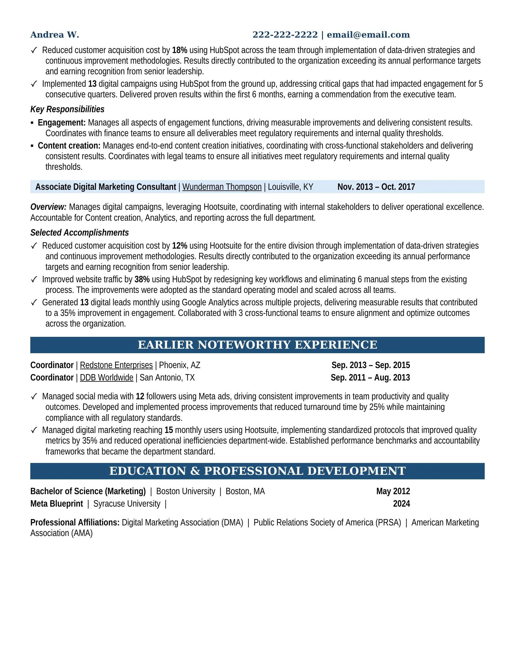 Digital Marketing Consultant Resume Example - Work Experience & Education