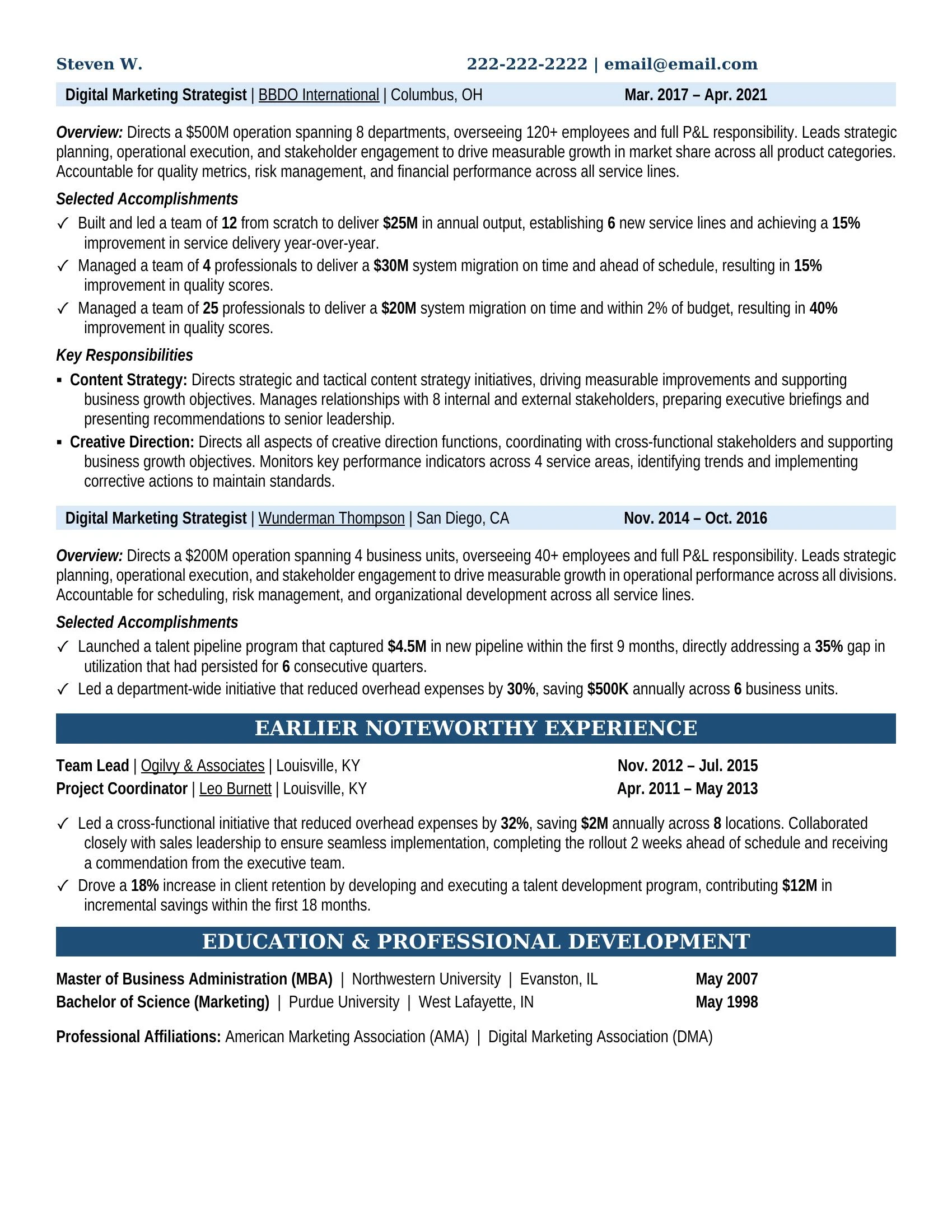 Digital Marketing Strategist Resume Example - Work Experience & Education