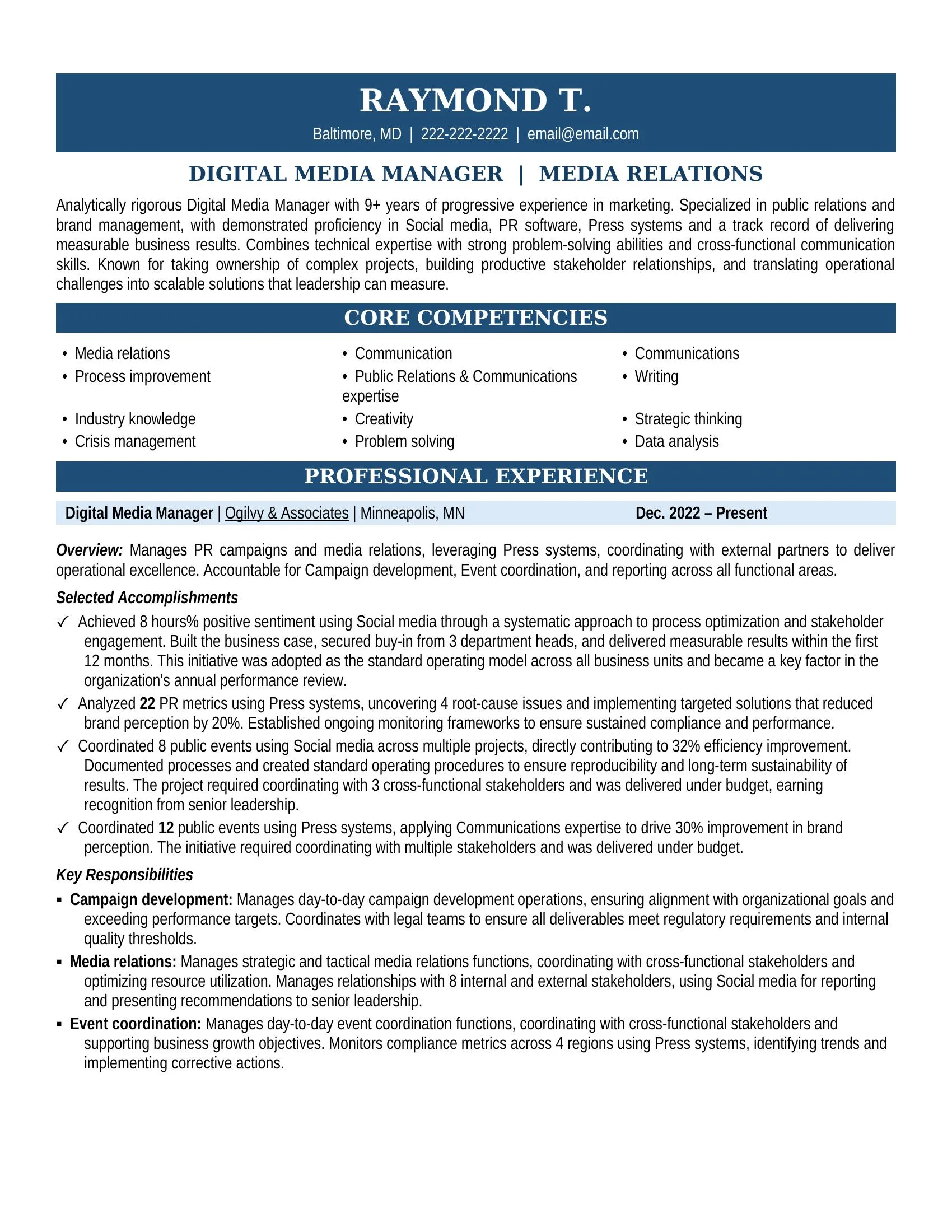 Digital Media Manager Resume Sample - Marketing Resume Example 2026