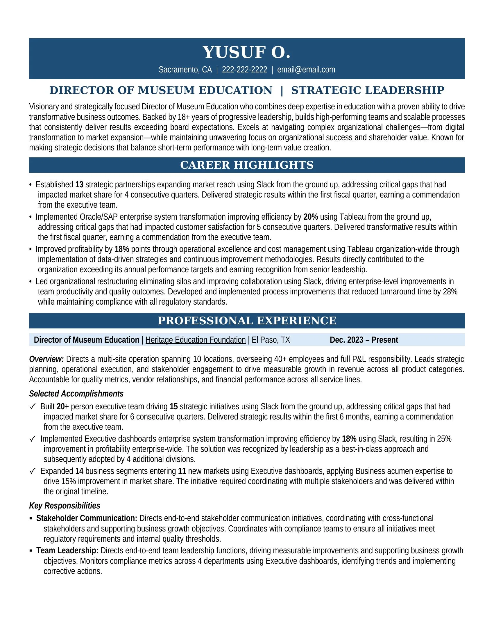 Director of Museum Education Resume Sample - Education Resume Example