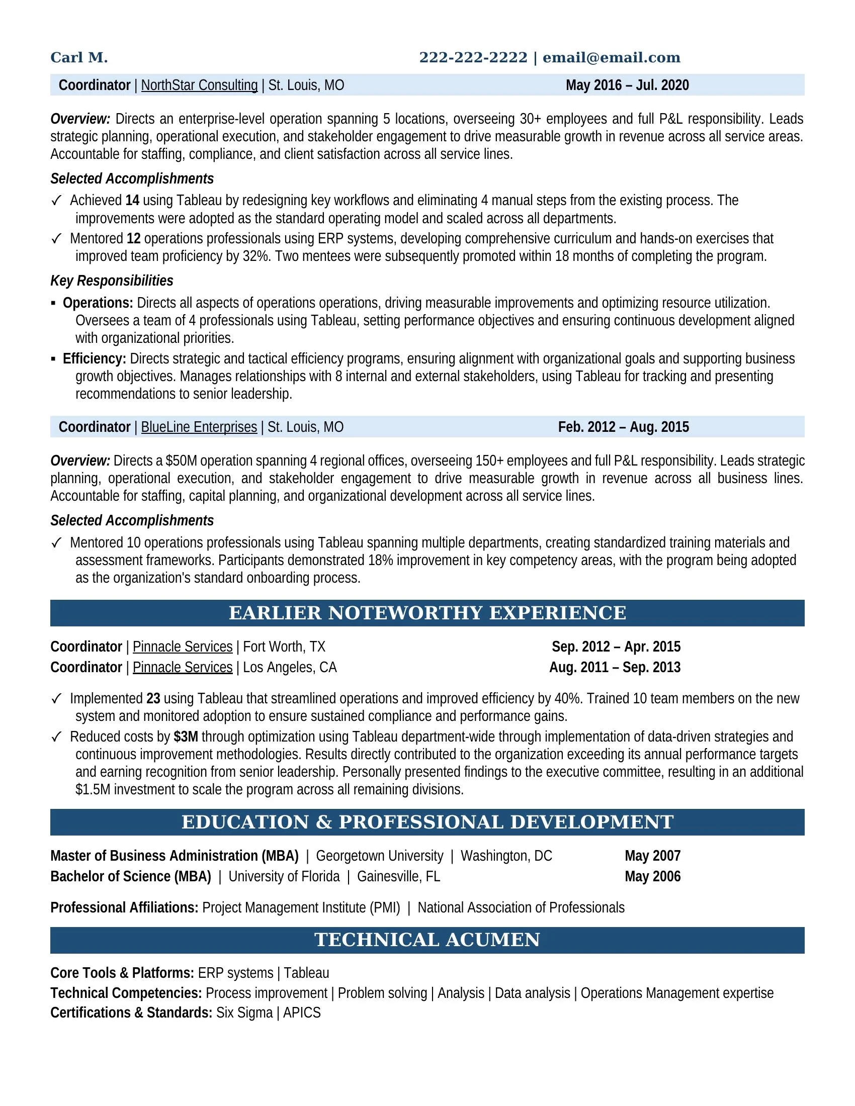 Director of Operations Resume Example - Work Experience & Education