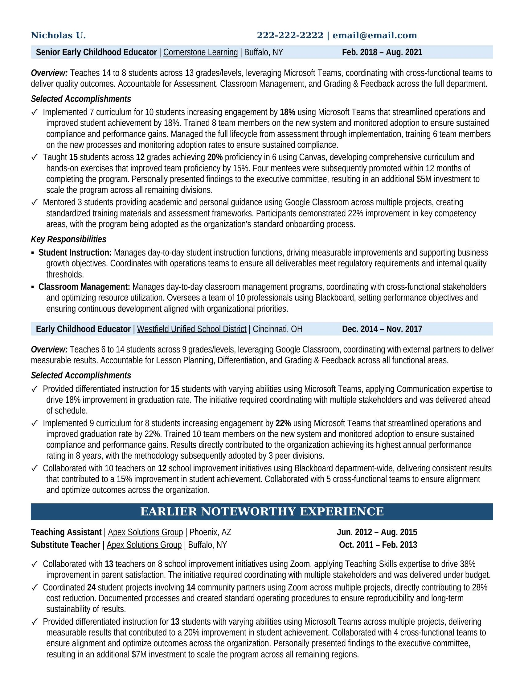 Early Childhood Educator Resume Example - Work Experience & Education