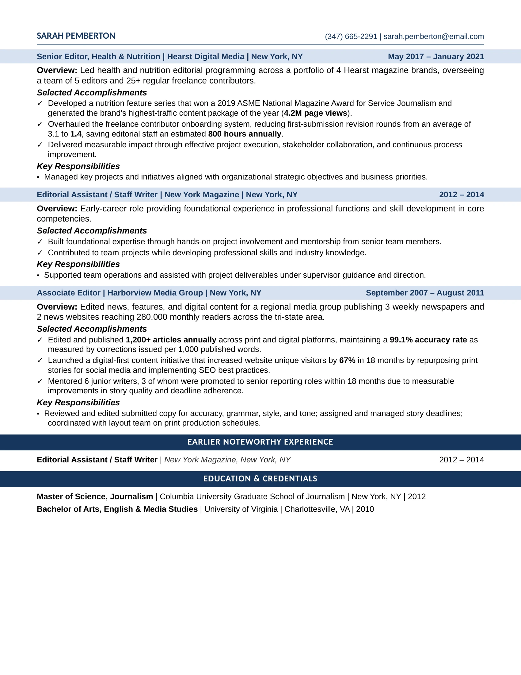 Editor Resume Example - Work Experience & Education