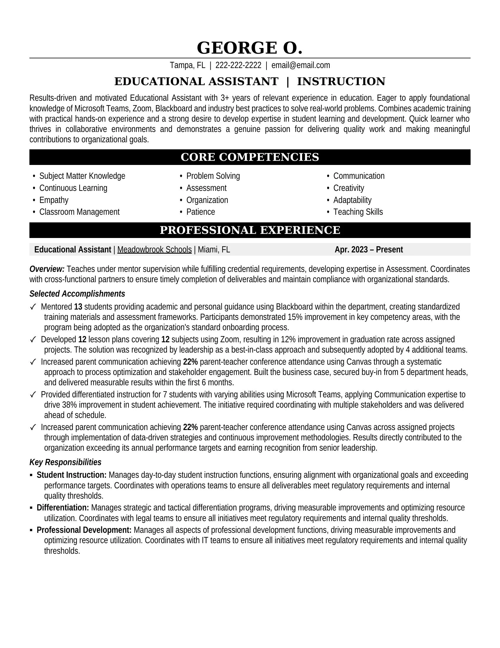 Educational Assistant Resume Sample - Education Resume Example 2026