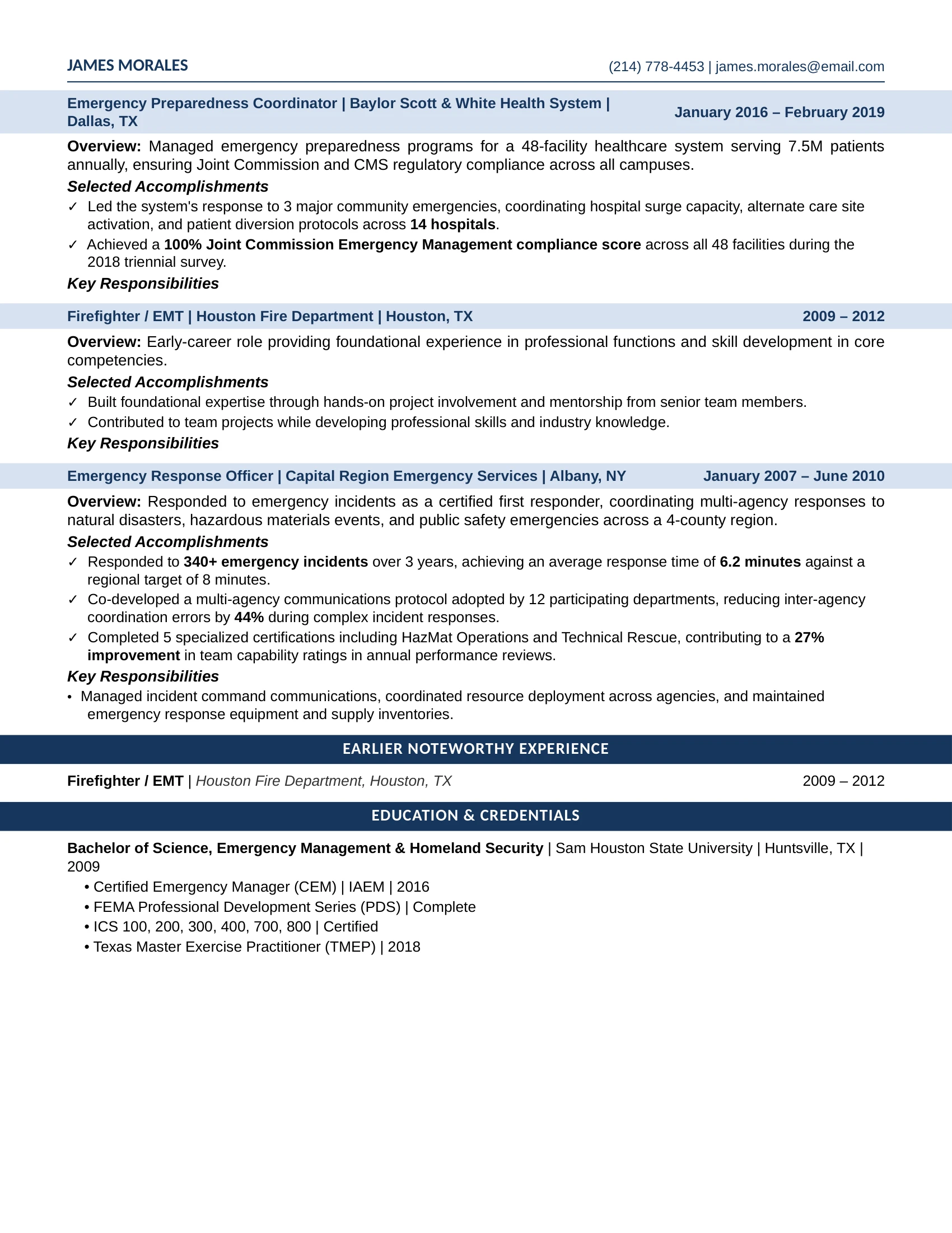 Emergency Response Coordinator Resume Example - Work Experience & Education