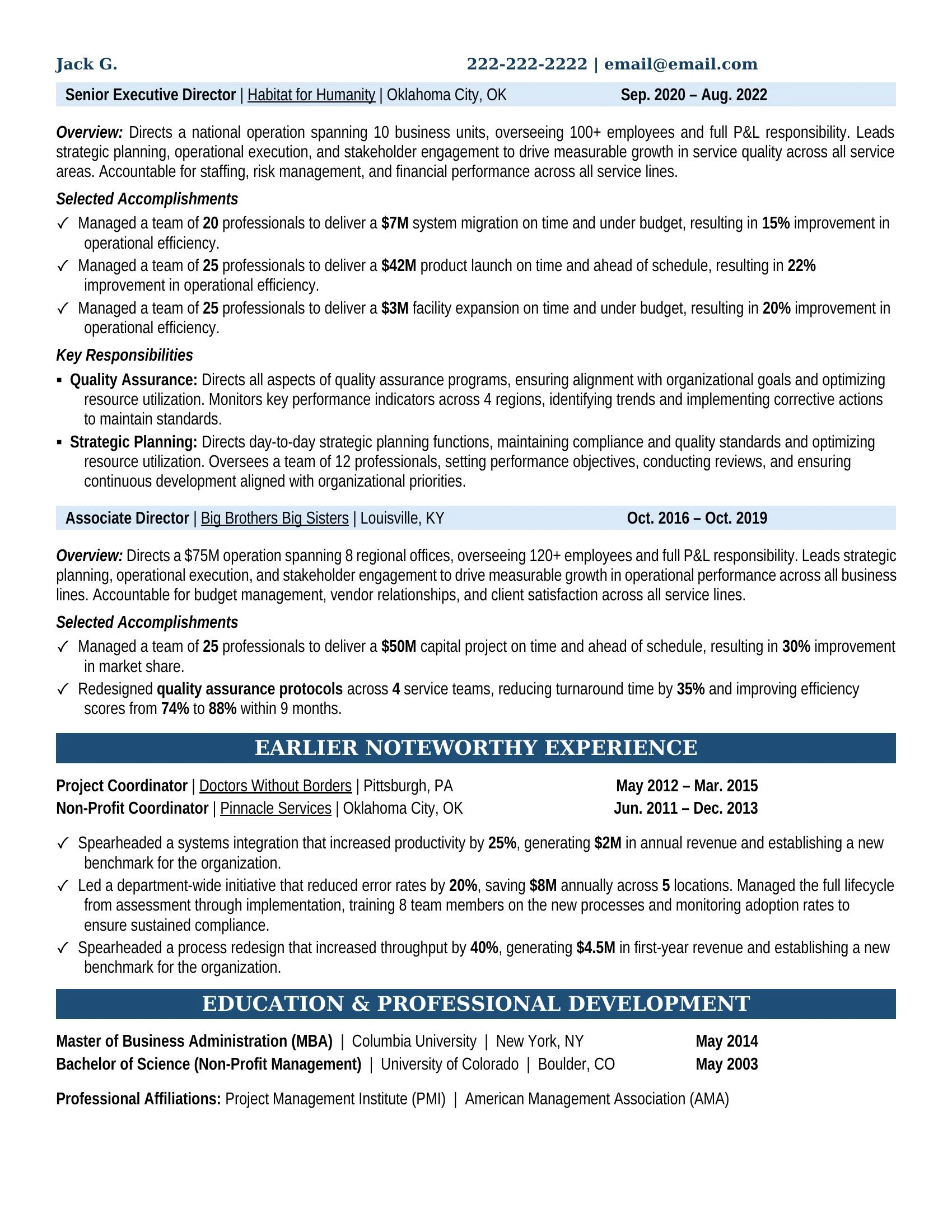 Executive Director Resume Example - Work Experience & Education