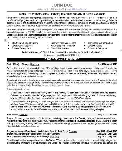 IT Transformation Leader Resume Sample & Template