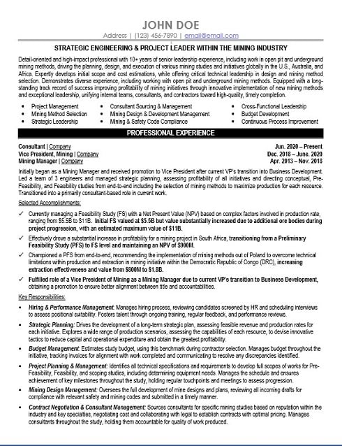 Mining VP Resume Sample & Template