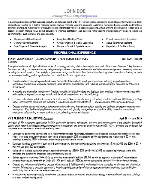 SVP of Global Corporate Resume Sample & Template