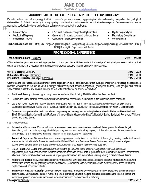 Vp of Geology Resume Sample & Template